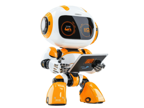 Ai robot using tablet isolated. png - Powered by Adobe