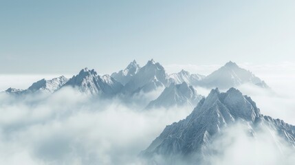 Fototapeta premium Stunning high mountain view with jagged peaks piercing through an ethereal cloud layer, set against a clear sky and showcasing the natural beauty of the rugged terrain.