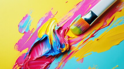 Close up image of a vibrant paint tube with its burst of color playfully swirled positioned next to a canvas featuring fresh brush strokes