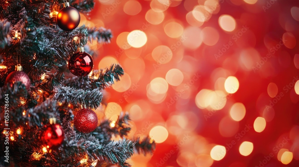 Poster christmas tree adorned with ornaments and bokeh lights set against a red backdrop