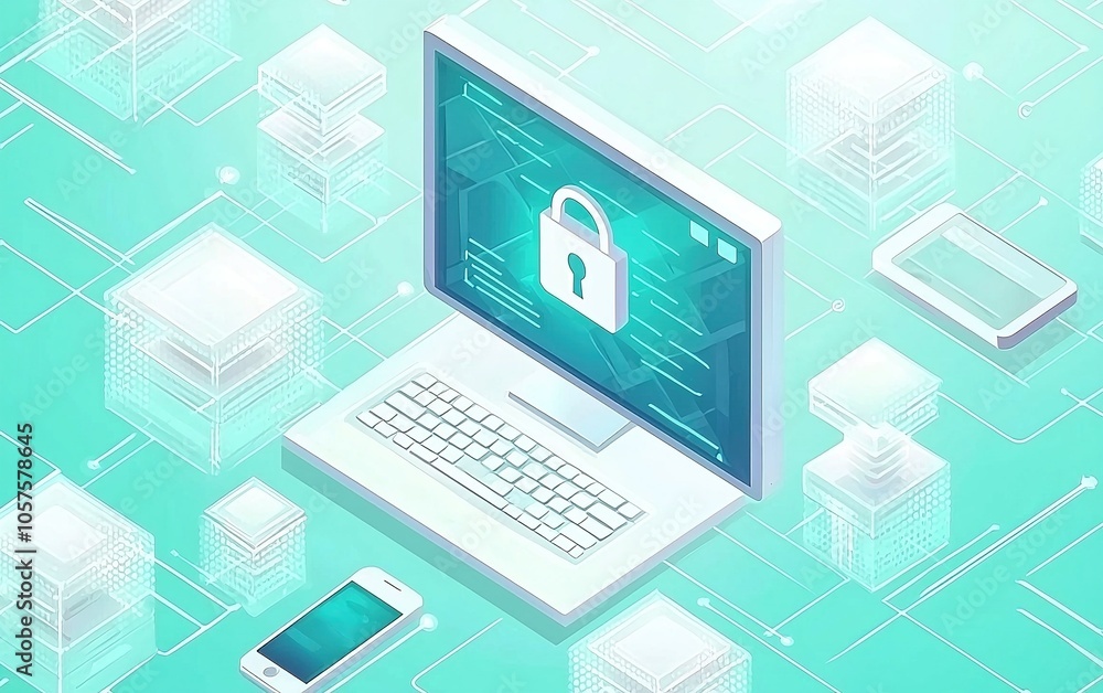 Poster a modern workspace featuring a computer with cybersecurity elements and connected devices illustrati