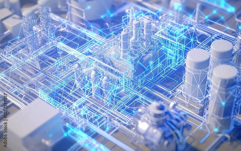 Poster aerial view of a futuristic industrial complex with glowing connections and data patterns during nig