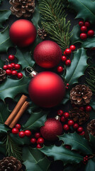 festive flat lay of Christmas ornaments, holly, and cinnamon sticks arranged on a rustic wooden surface