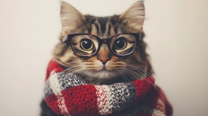 A stylish cat wearing humorous glasses and a scarf poses against a white backdrop