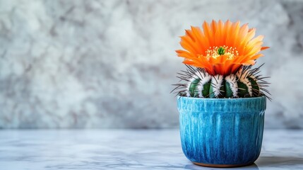 Cactus featuring an orange bloom in a blue ceramic pot against a marble background close up view Ideal for home decor and nature themes