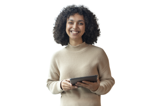 Businesswoman uses digital tablet standing on a transparent background
