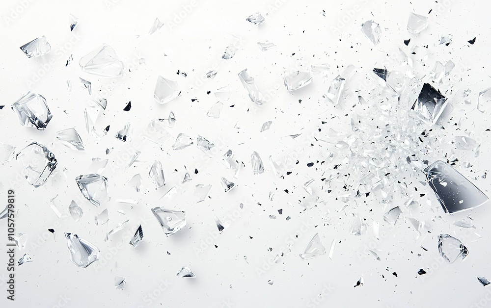 Poster shattered glass pieces scattered across a white surface with sharp edges reflecting light in an abst