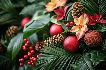 tropical christmas decor, celebrate with a christmas banner showcasing tropical ornaments and lush greenery for a lively holiday feel