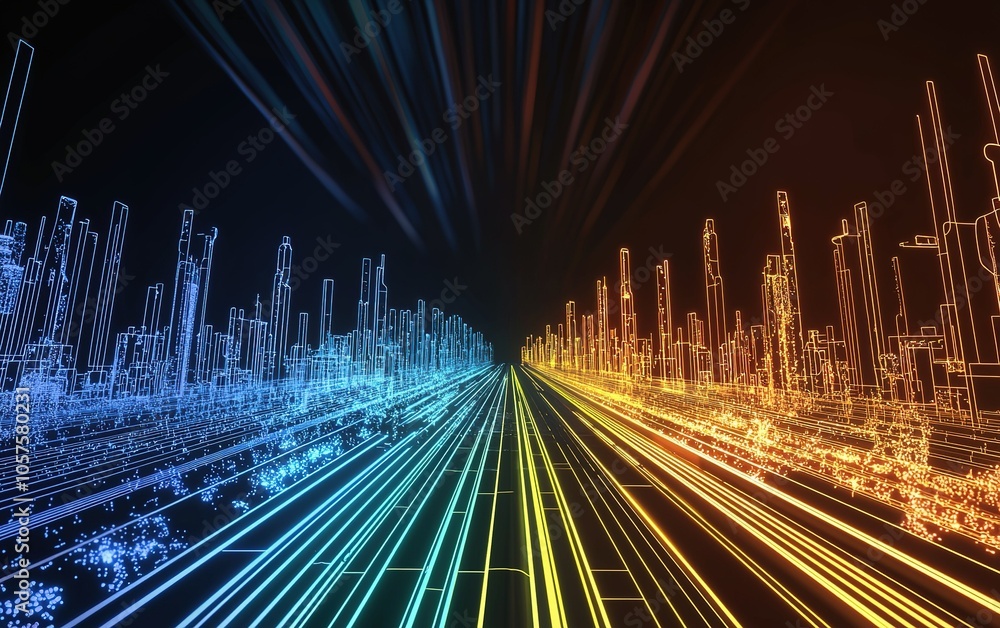 Fototapete a vibrant digital cityscape showcasing futuristic architecture and illuminated pathways in a spectru