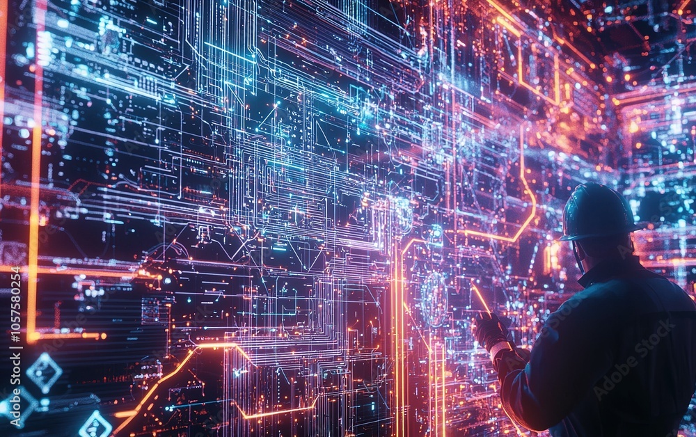 Poster a technician analyzes intricate digital circuits on a vibrant wall display in a high-tech workspace 