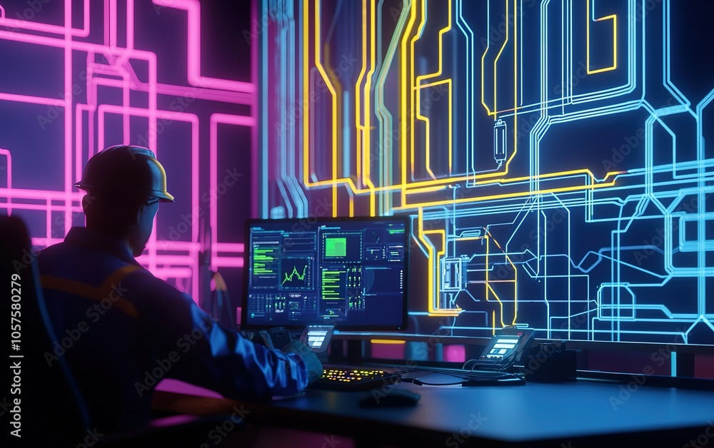 Poster technician working in a high-tech control room with colorful circuit patterns displayed on the wall 