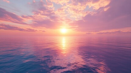 Obraz premium A stunning sunset over a serene ocean showcasing vibrant hues reflecting on the water and soft clouds floating in the sky