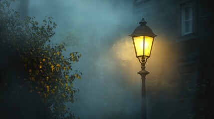 Charming street lamp shrouded in thick fog rendered in a photorealistic style