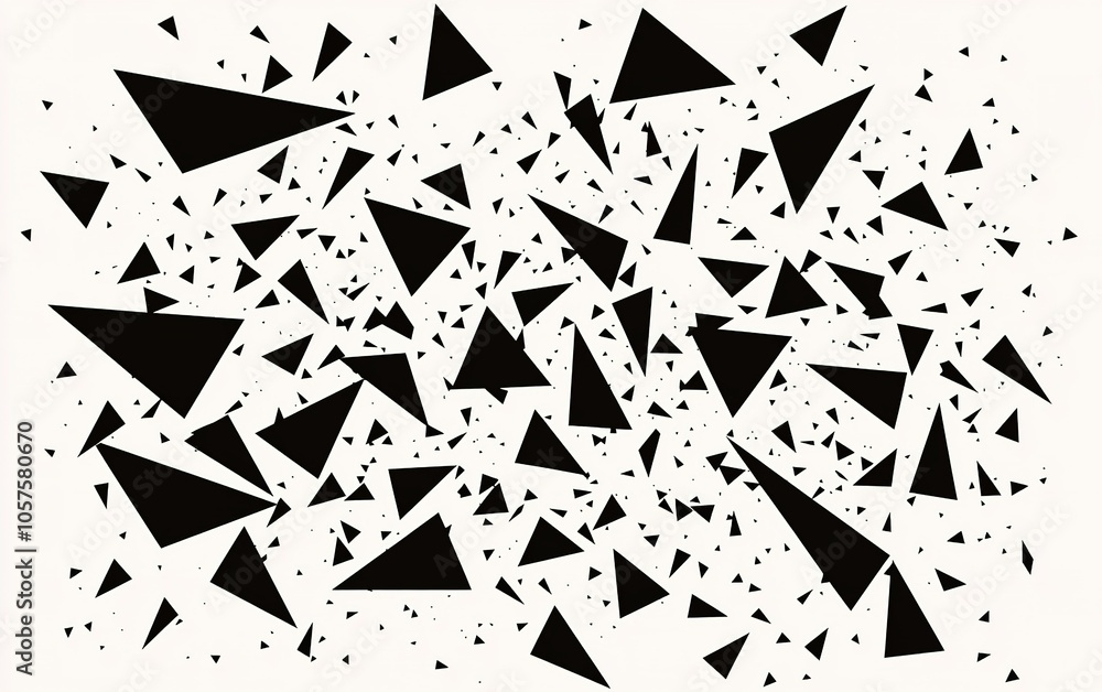 Poster abstract composition featuring scattered black triangles on a white background, showcasing dynamic s