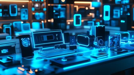 Futuristic technology setup with neon glow and smart devices