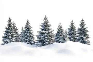 Fir trees with snow on beautiful natural snowdrift with white background