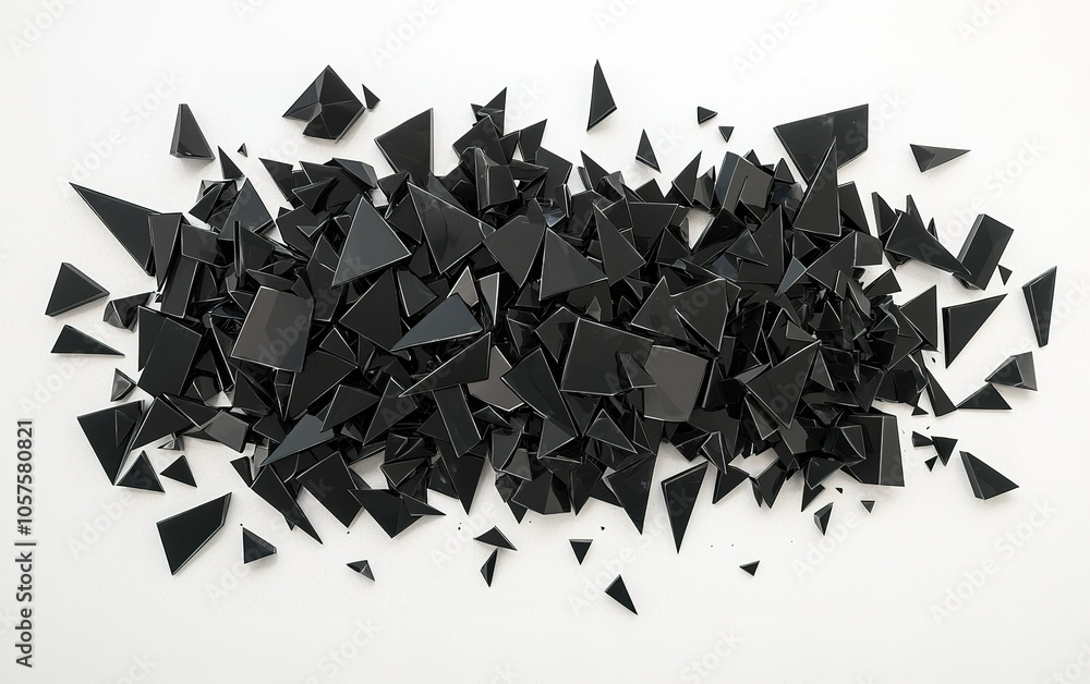 Poster scattered black ceramic shards arranged in a random pattern against a white background, showcasing d
