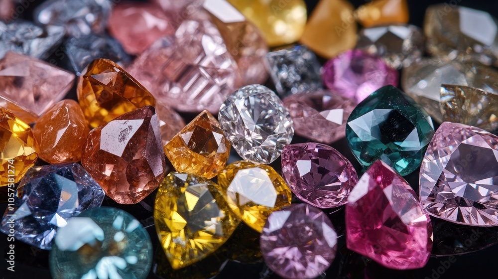 Poster close up macro image featuring an assortment of precious stones including diamonds and similar zirco