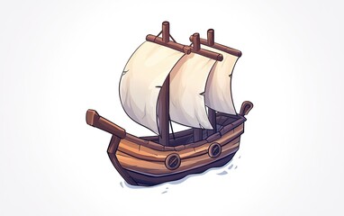 A charming wooden sailing ship with white sails navigating calm waters in a vibrant animated style