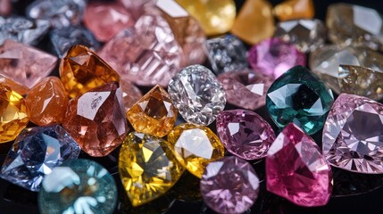 Close up macro image featuring an assortment of precious stones including diamonds and similar zirconia set against a black background filling the entire frame