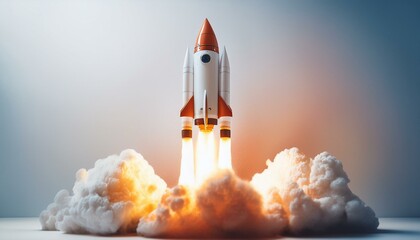 Rocket taking off with bright flames and clouds on a light background, concept of space exploration and innovation.