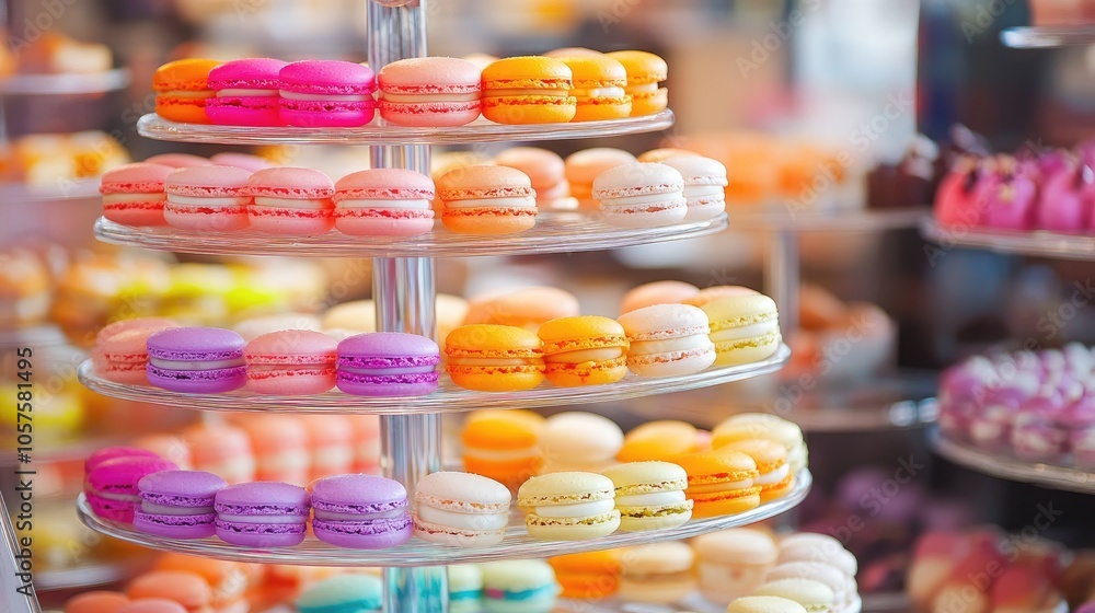 Poster a vibrant array of macarons is elegantly arranged on tiered trays in a bakery display showcasing an 