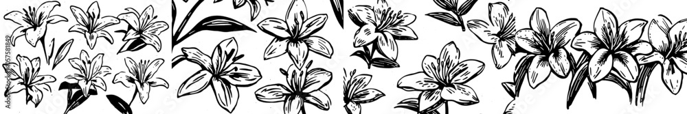 Poster flowing lily pattern with leaves and flowers seamless background.