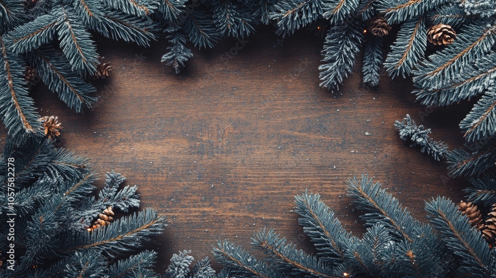 Poster christmas card template featuring a fir tree border and empty space for text complemented by a woode