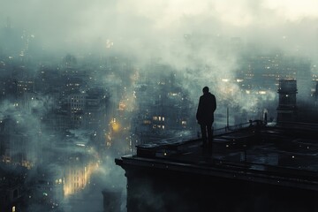A Solitary Figure Stands on a Rooftop Overlooking a Foggy Cityscape