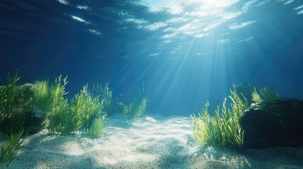 Obraz premium Calm Underwater Landscape Illuminated by Sunlight over the Ocean