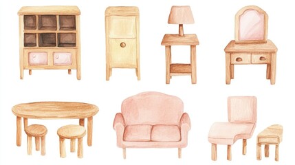 Collection of watercolor pastel doll furniture in soft pink and wood tones, perfect for dollhouses. Isolated on a clean white background.