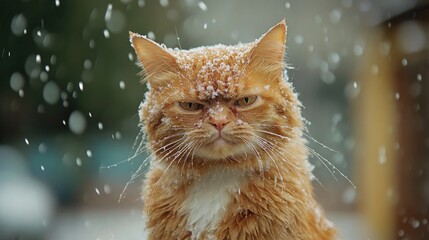 A soaked ginger cat with a disgruntled look is in the rain its fur adorned with snow like foam