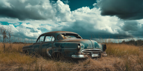 Fototapeta premium A vintage car, rusting in an open field under dramatic skies, tells a forgotten story of past times.