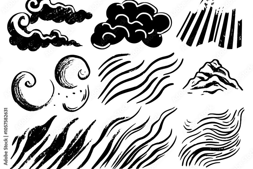 Poster flowing abstract swirls and blowing waves in black colors, capturing the dynamic essence of movement