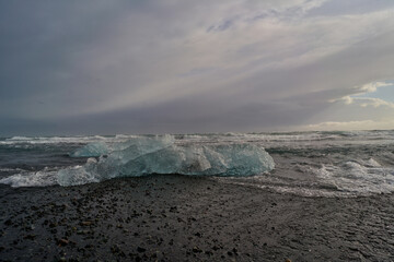 Iceberg melting on black volcanic sand beach in iceland