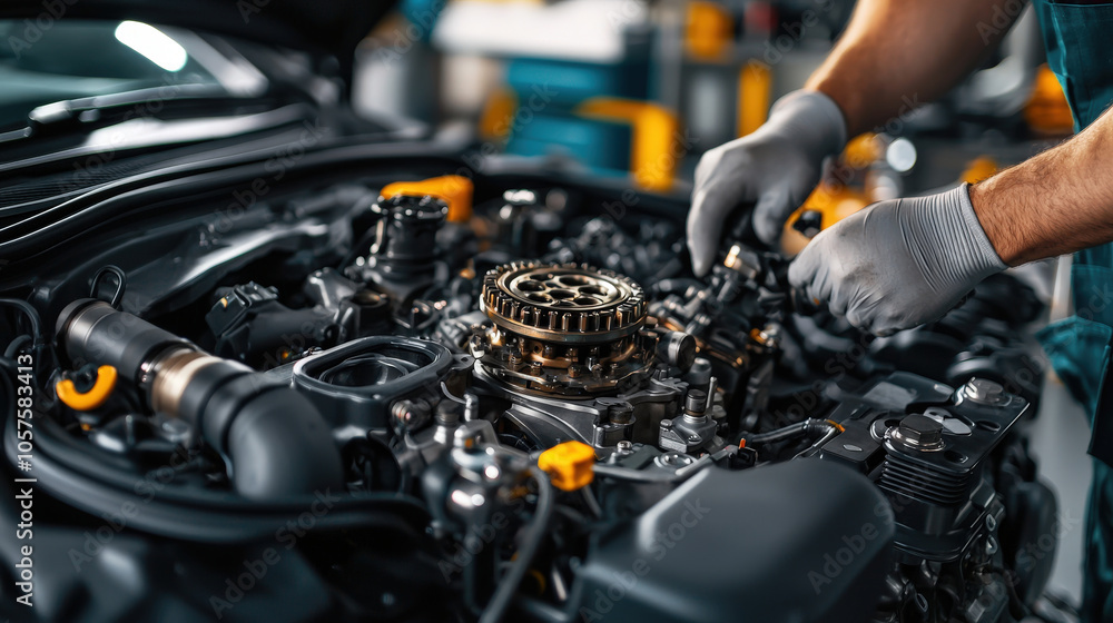 Poster mechanic works on car engine, showcasing its intricate internal structure and components, highlighti