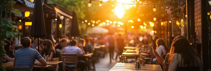 Outdoor cafe bustling with diners under warm golden lighting in the charming evening ambiance.