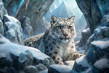 Snow Leopard in a Crystalline Ice Cave