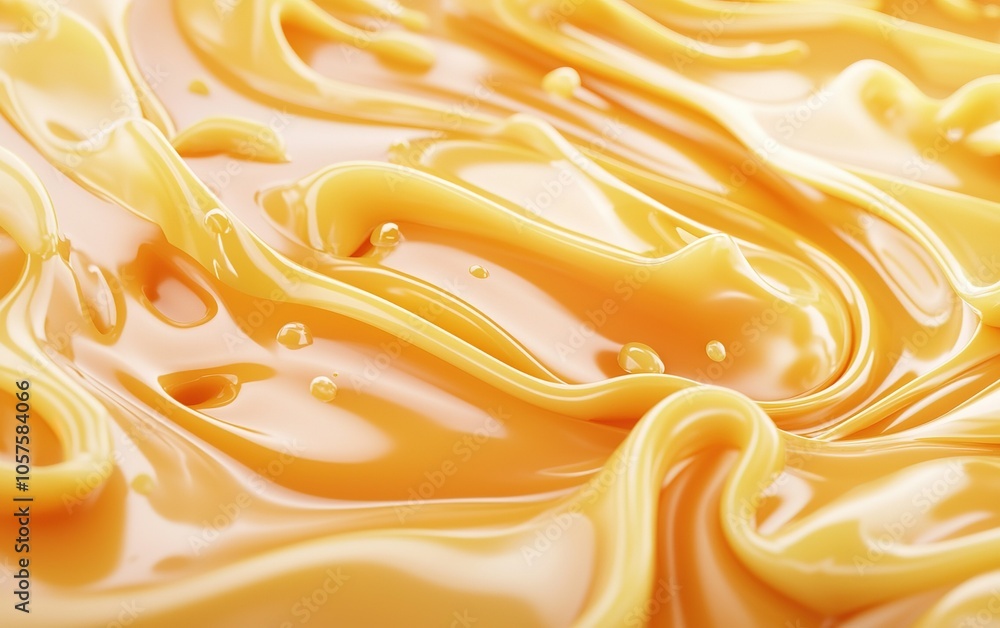 Poster smooth golden caramel drizzling over a surface, creating a glossy and enticing texture in a warm kit
