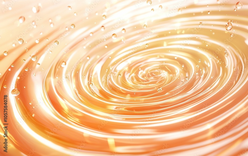 Poster ripples and droplets create mesmerizing patterns in shimmering golden water under warm sunlight in a