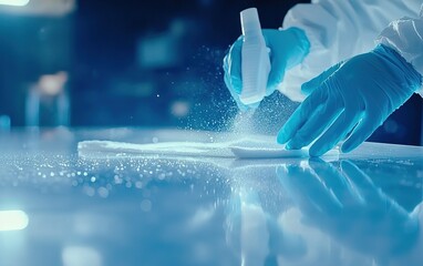 A person in protective gloves cleaning a surface with a spray disinfectant in a bright, sterile environment at a healthcare facility