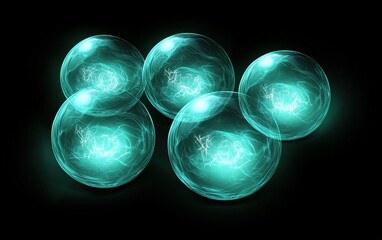 Glowing teal energy spheres exhibiting dynamic patterns against a dark background in a captivating digital design