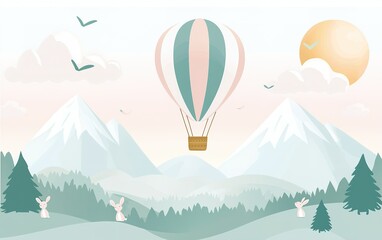 A colorful hot air balloon floats over serene mountains with rabbits in a tranquil landscape during sunset