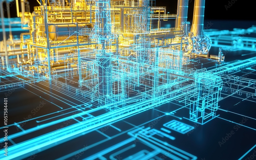 Poster 3d wireframe model of an industrial facility showcasing intricate designs and structures illuminated