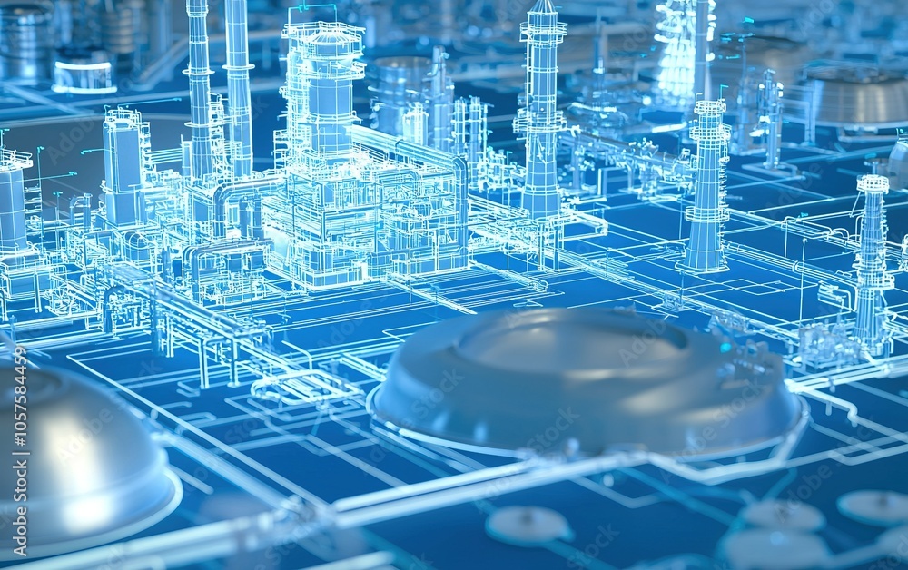Poster a futuristic industrial landscape showcasing interconnected pipelines and structures in a vibrant di