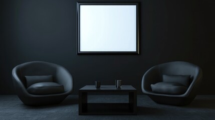 Dark-themed living room 3D render, featuring armchairs, a sleek coffee table, and a blank poster frame for customizable decor.