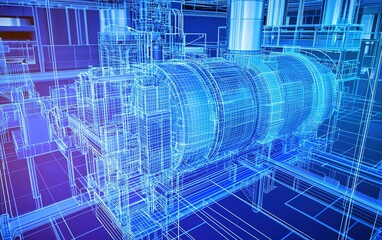 Blueprint of an industrial turbine system in a manufacturing facility showcasing engineering design and technology integration