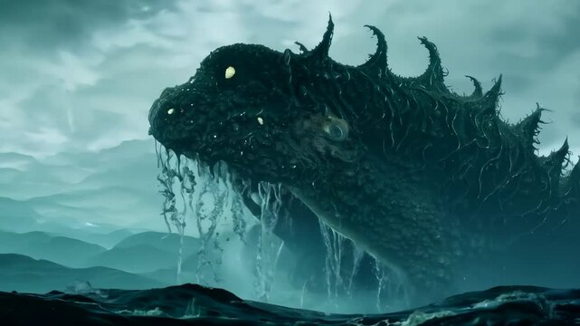 Massive sea creature emerges from turbulent waters, eerie mist. Glowing eye in darkness. Kraken silhouette. Lightning flashes background, dramatic atmosphere. Fantasy horror ocean monster.