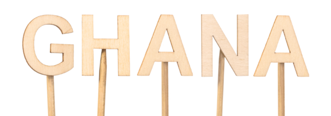 Wooden letters forming the name Ghana. Concept of countries of the world.