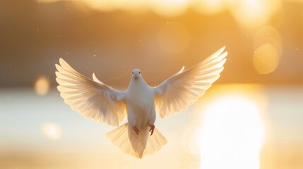 Fototapeta premium White dove gliding through air, sun setting, peaceful horizon Close-up photo with clean background